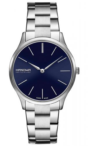 Серебристые женские швейцарские часы HANOWA 16-7075.04.003 Pure с синим циферблатом на браслете, Ronda 762E.