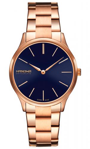 Позолоченные женские швейцарские часы HANOWA 16-7075.09.003 Pure IP rose gold с синим циферблатом на стальном браслете.