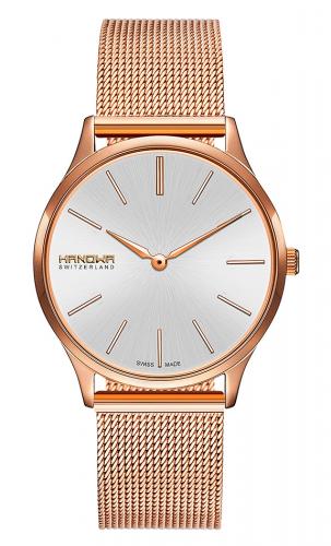 Позолоченные женские швейцарские часы HANOWA 16-9075.09.001 Pure rose gold, серебристый циферблат, миланский браслет.