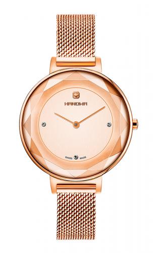 Позолоченные женские швейцарские часы HANOWA 16-9078.09.010 Sophia IP rose gold, кристаллы, граненые, миланский браслет.
