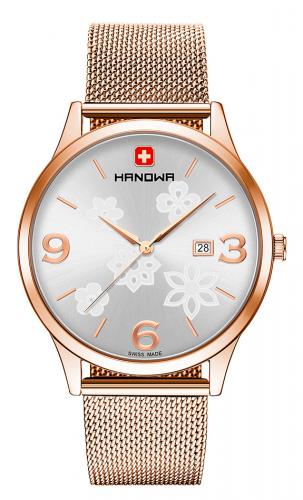 Позолоченные женские швейцарские часы HANOWA 16-3085.09.001 Spring rose gold & silver, дата, цветочный орнамент, Milanaise.