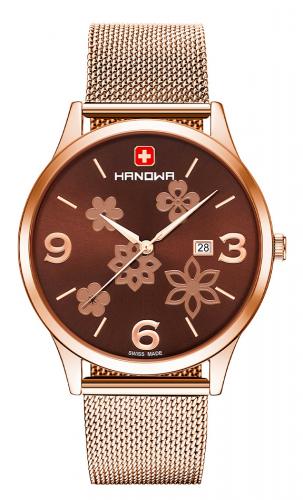 Позолоченные женские швейцарские часы HANOWA 16-3085.09.005 Spring IP rose gold, коричневые, цветочный орнамент, Milanaise.