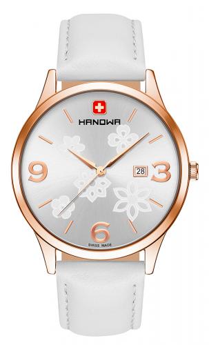 Позолоченные женские швейцарские часы HANOWA 16-4085.09.001 Spring IP rose gold & silver, цветочный орнамент, белый ремешок.