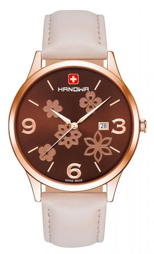 Позолоченные женские швейцарские часы HANOWA 16-4085.09.005 Spring IP rose gold с цветочным орнаментом, бежевый ремешок.