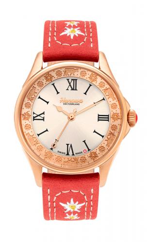 Позолоченные женские швейцарские часы HANOWA 16-6094.09.001.04 Claire IP rose gold с гравировкой на безеле, красный ремень.