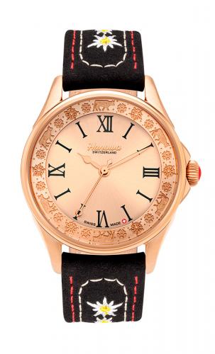 Позолоченные женские швейцарские часы HANOWA 16-6094.09.001.07 Claire IP rose gold с гравировкой на безеле, черный ремень.