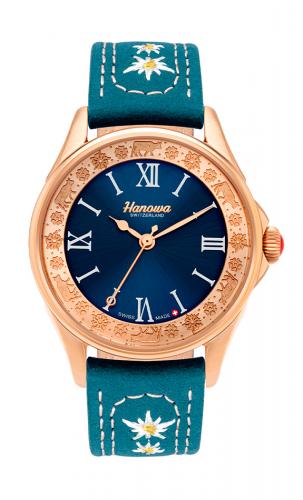 Позолоченные женские швейцарские часы HANOWA 16-6094.09.003 Claire IP rose gold с гравировкой на безеле, синий ремень.