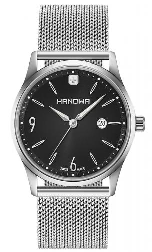 Классические мужские швейцарские часы HANOWA 16-3066.7.04.007 Carlo Classic дата на черном циферблате, миланский браслет.