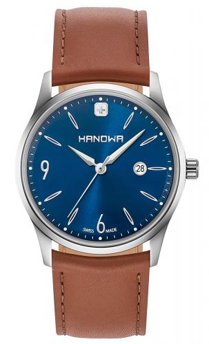 Классические мужские швейцарские часы HANOWA 16-4066.7.04.003 Carlo Classic синий циферблат с датой на коричневом ремне.