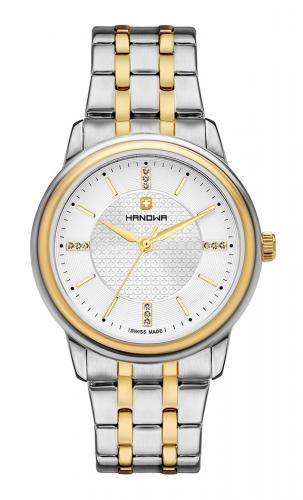 Женские швейцарские ретро часы HANOWA 16-7087.55.001 Emilia биколорные gold & silver с кристаллами и гильоше на браслете.