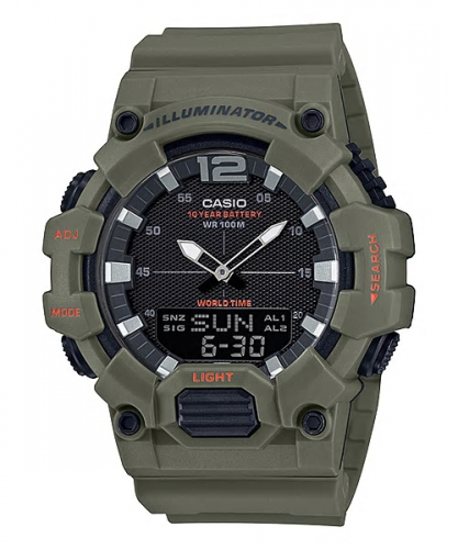 Мужские часы в стиле милитари CASIO HDC-700-3A2VEF зеленые, wr100m, Ana-Digi, 10-летняя батарейка, секундомер и таймер.