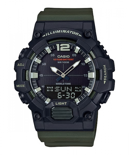 Мужские часы в стиле милитари CASIO HDC-700-3AVEF черно-зеленые, wr100m, Ana-Digi, батарейка 10 лет, секундомер и таймер.