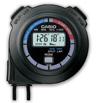 Спортивный электронный секундомер CASIO SPORTS HS-3V-1RET круглый, точность 1/100 на 10 часов, черный с цифровой индикацией.