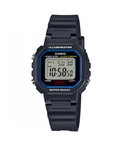 Квадратные пластиковые электронные часы CASIO LA-20WH-1CEF черные, подсветка Illuminator, с секундомером и календарем.