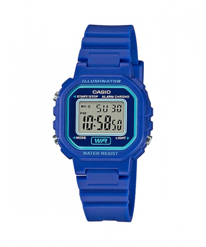 Квадратные пластиковые электронные часы CASIO LA-20WH-2AEF синие, подсветка Illuminator, с секундомером и календарем.