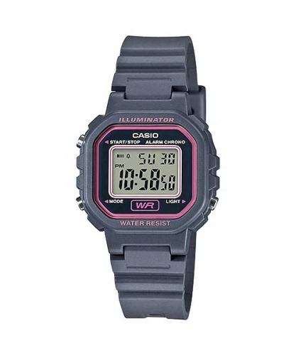 Прямоугольные пластиковые электронные часы CASIO LA-20WH-8AEF серые, подсветка Illuminator, с секундомером и календарем.