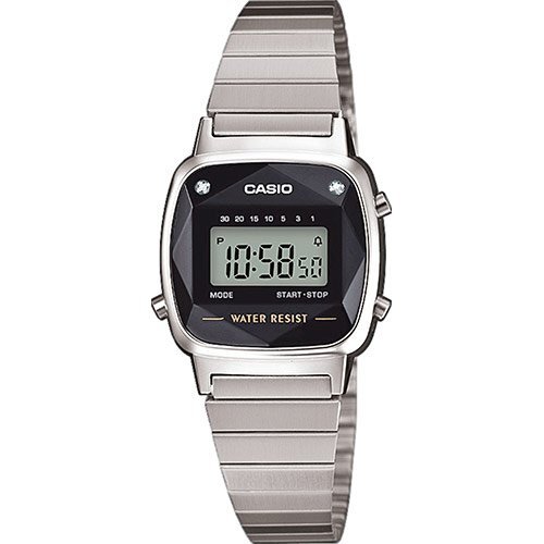 Маленькие женские винтажные часы CASIO VINTAGE LA670WEAD-1EF черные на браслете с граненым стеклом, цифровые, WR.