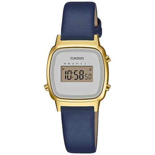 Позолоченные женские ретро часы CASIO VINTAGE LA670WEFL-2EF с маленьким белым циферблатом на синем кожаном ремешке.