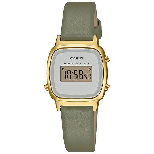 Позолоченные женские ретро часы CASIO VINTAGE LA670WEFL-3EF с маленьким белым циферблатом на зеленом кожаном ремешке.