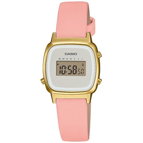 Позолоченные женские ретро часы CASIO VINTAGE LA670WEFL-4A2EF маленький белый циферблат, розовый кожаный ремешок, WR.