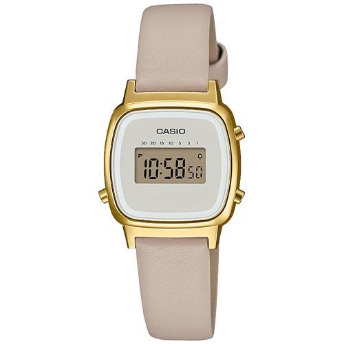 Позолоченные женские ретро часы CASIO VINTAGE LA670WEFL-9EF с маленьким белым циферблатом на бежевом кожаном ремне.