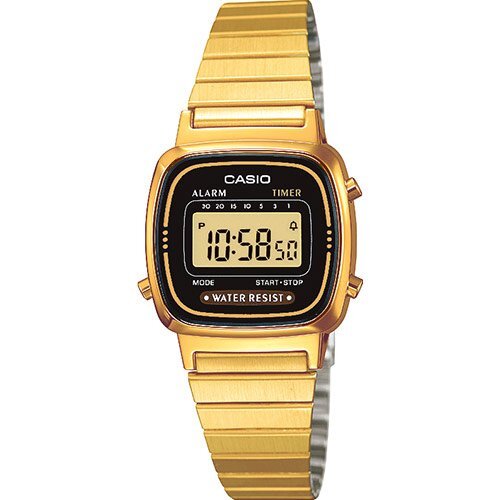 Прямоугольные маленькие женские ретро-часы CASIO VINTAGE LA670WEGA-1EF черно-желтые gold, стальной браслет, цифровые.