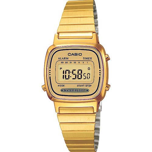 Прямоугольные маленькие женские ретро-часы CASIO VINTAGE LA670WEGA-9EF gold позолоченные, стальной браслет, цифровые.