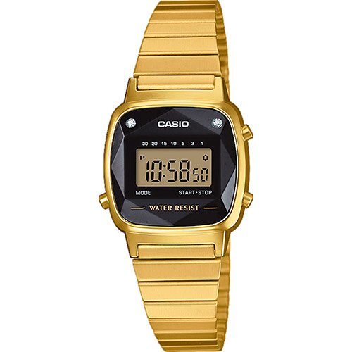 Позолоченные маленькие женские ретро часы CASIO VINTAGE LA670WEGD-1EF черно-желтые gold с граненым стеклом, браслет.