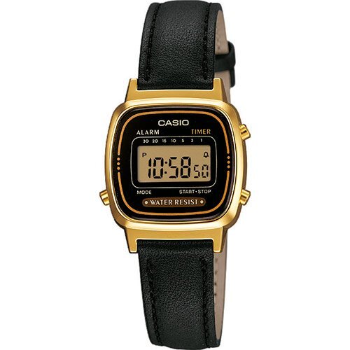 Позолоченные маленькие женские ретро часы 90-х CASIO VINTAGE LA670WEGL-1EF с черным кожанным ремешком, цифровые.