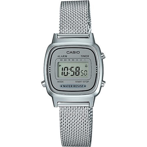 Прямоугольные маленькие женские ретро часы CASIO VINTAGE LA670WEM-7EF silver на миланском браслете, цифровые, WR.