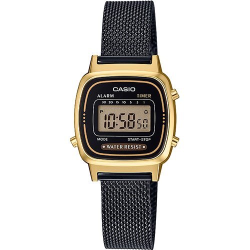Прямоугольные маленькие женские ретро часы CASIO VINTAGE LA670WEMB-1EF желто-черные на миланском браслете, цифровые.