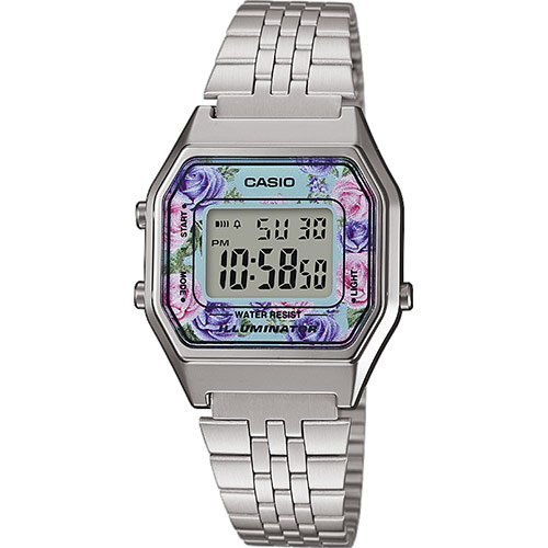 Винтажные женские ретро часы 90-х CASIO VINTAGE LA680WEA-2CEF Floral с цветочным принтом, голубой циферблат, браслет, digital.