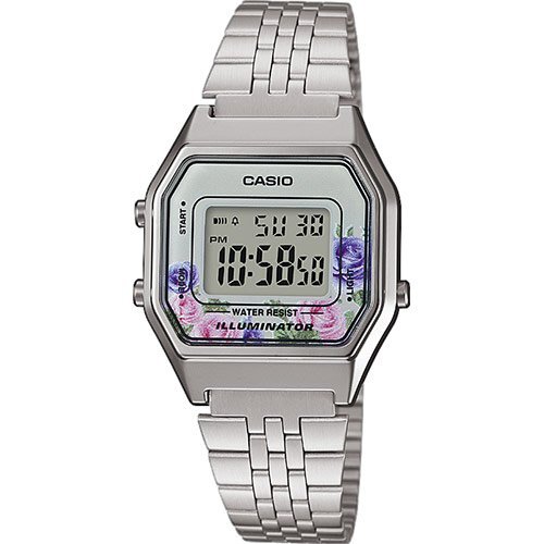 Винтажные женские ретро часы 90-х CASIO VINTAGE LA680WEA-4CEF Floral с цветочным принтом на сером циферблате, браслет, digi.