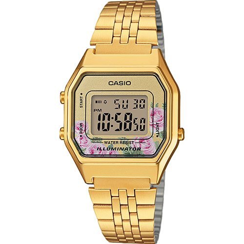 Позолоченные винтажные электронные ретро часы CASIO VINTAGE LA680WEGA-4CEF Floral желтые IP gold на браслете, цифровые.