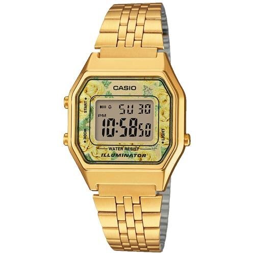 Позолоченные винтажные электронные ретро часы CASIO VINTAGE LA680WEGA-9CEF Floral желтые IP gold на браслете, цифровые.