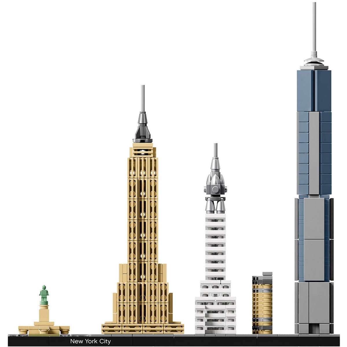Набор LEGO® Нью-Йорк (21028) включает в себя Флэтайрон-билдинг, Крайслер-билдинг, Эмпайр-стейт-билдинг, Всемирный торговый центр и Статую Свободы.