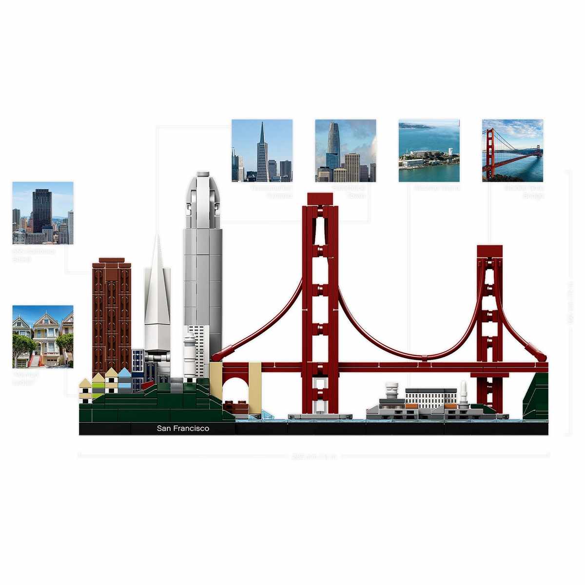 Набор LEGO® Сан-Франциско (21043) включает: пирамиду Трансамерика, башню Salesforce, башню Койт, Форт-Пойнт, мост Золотые Ворота и остров Алькатрас.