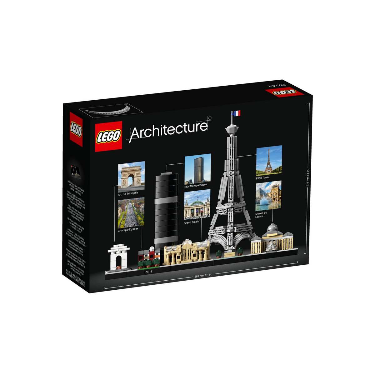 Набор LEGO® Париж (21044) включает достопримечательности: Триумфальную арку, Елисейские поля, башню Монпарнас, Гран-Пале, Эйфелеву башню и Лувр.