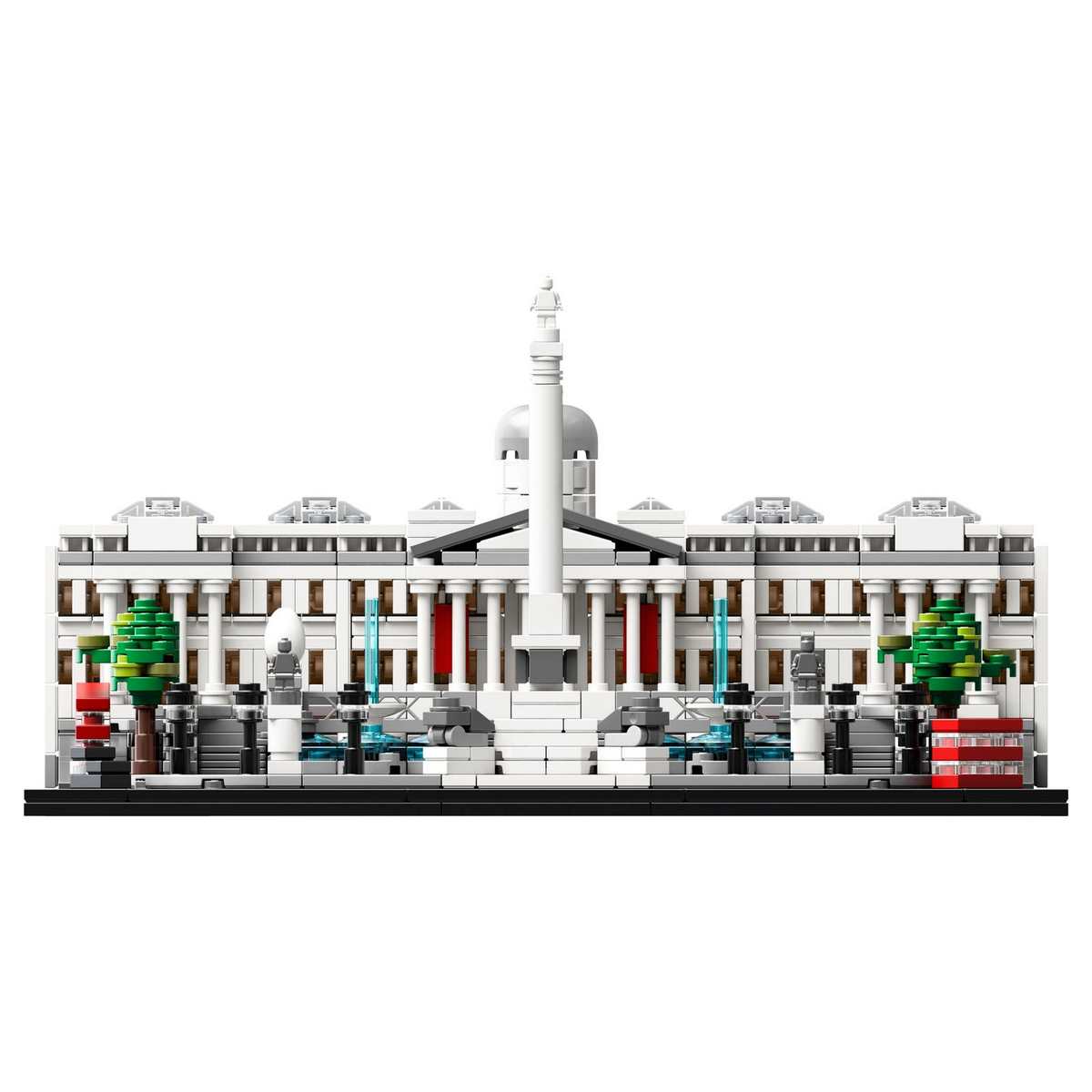 Набор LEGO® 21045 изображает куполообразную Национальную галерею с колоннами на фасаде, колонну Нельсона в окружении 4 львов, фонтаны и 4 постамента.