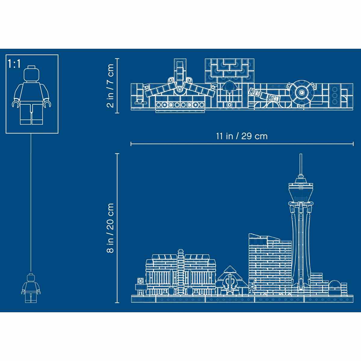 Интерпретация Лас-Вегаса LEGO® Architecture (21047) выполнена в размерах: 19 см в высоту, 27 см в ширину и 7 см в глубину.