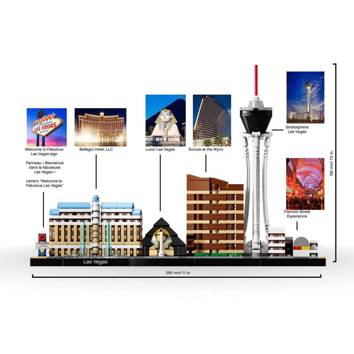 Набор LEGO® Architecture Лас-Вегас (21047) включает: отель Bellagio, отель Luxor, отель Encore, башню Stratosphere и центр города Fremont Street Experience.