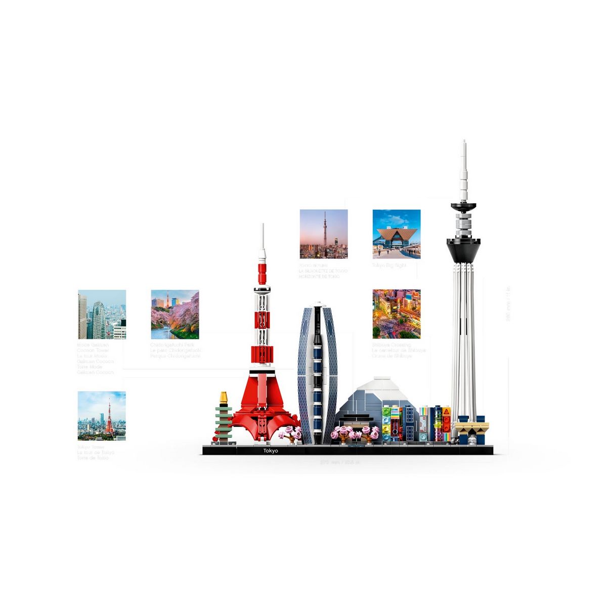 Набор LEGO® Токио (21051) включает: телевизионную башню Токио, небоскрёб Mode Gakuen Cocoon Tower, выставочный центр Токио, башню TOKYO SKYTREE.