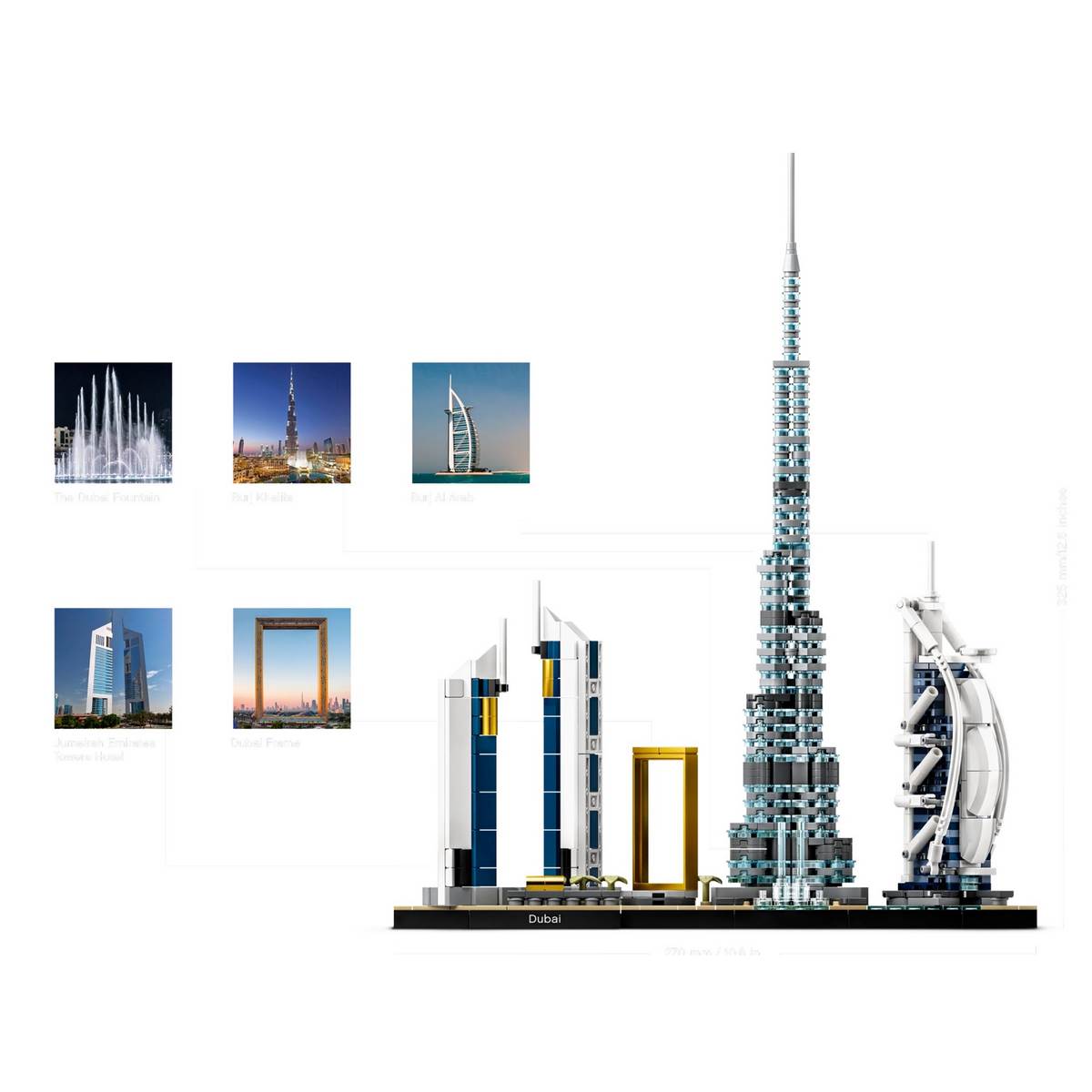 Набор LEGO® Architecture Дубай (21052) включает: Бурдж Халифа, семизвёздочный отель Бурдж-эль-Араб, отель Эмират Тауэрс, Фонтан Дубая и Раму Дубая.