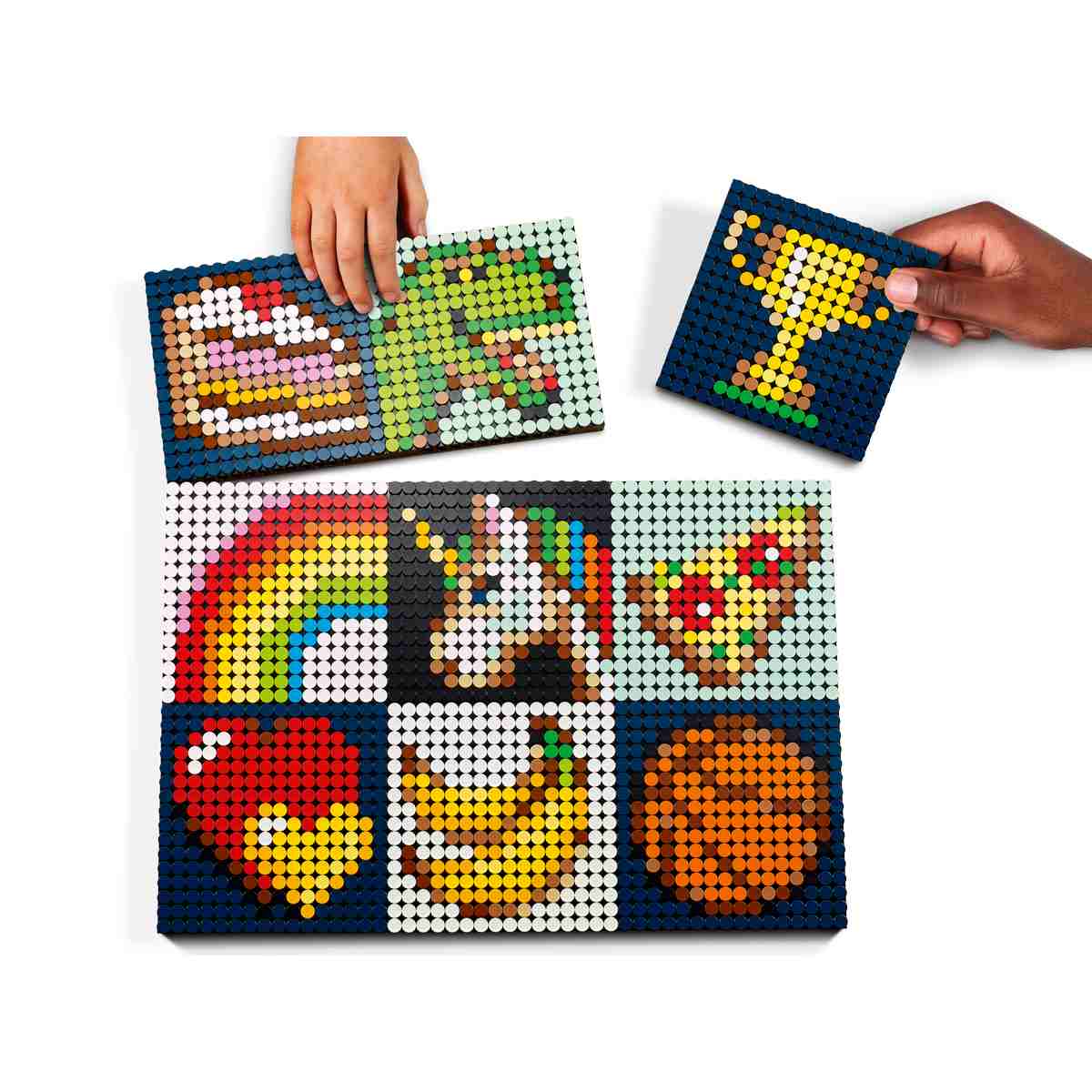 Набор LEGO® Art Творческий проект: создаем вместе (21226) содержит 9 вариантов изображений в каждой из 4 тем: «Еда», «Узоры», «Значки» и «Увлечения».
