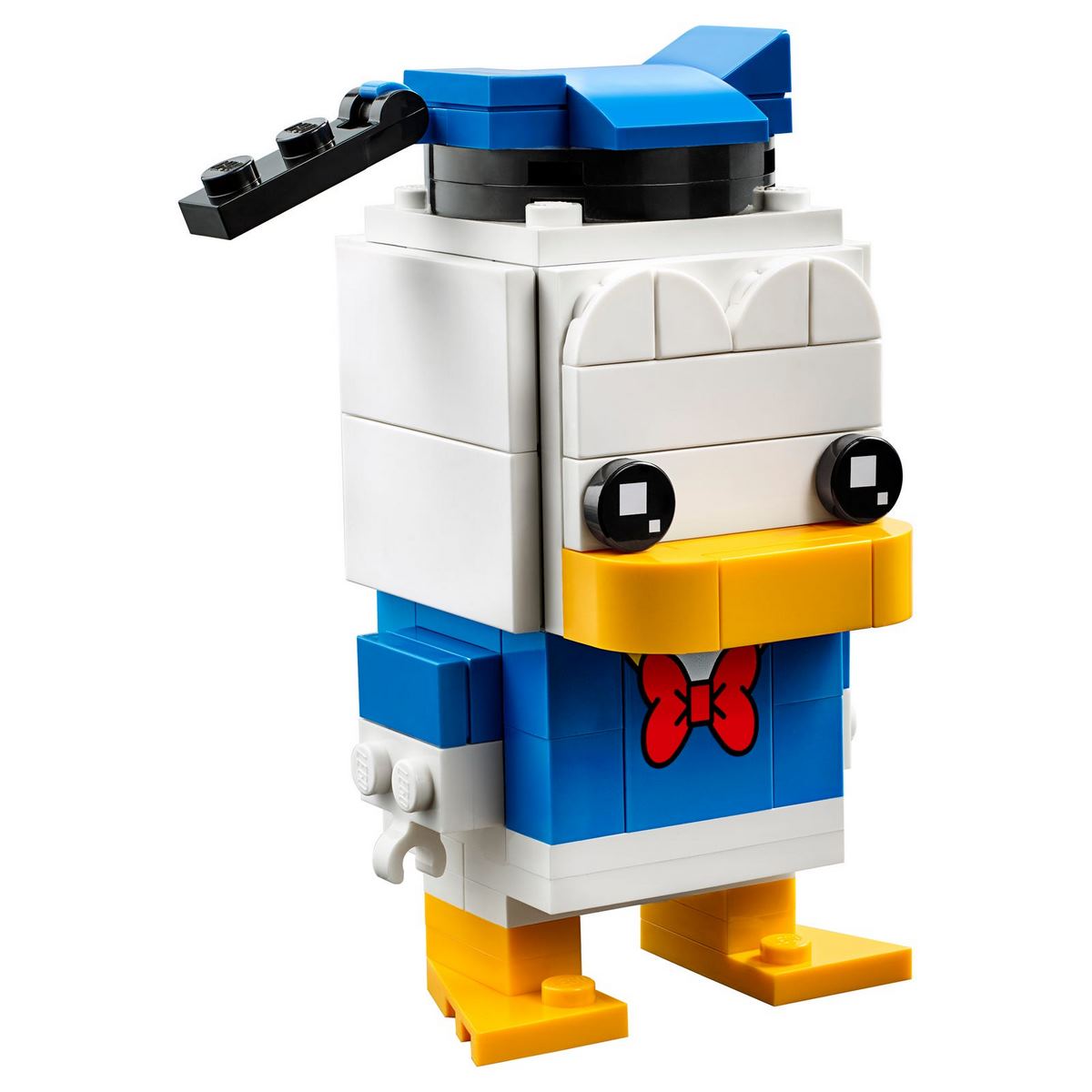 Персонаж Дональд Дак с оранжевыми клювом и лапами из набора LEGO® BrickHeadz™ Disney Donald Duck (40377) в забавной матроске, шапочке и галстуке.