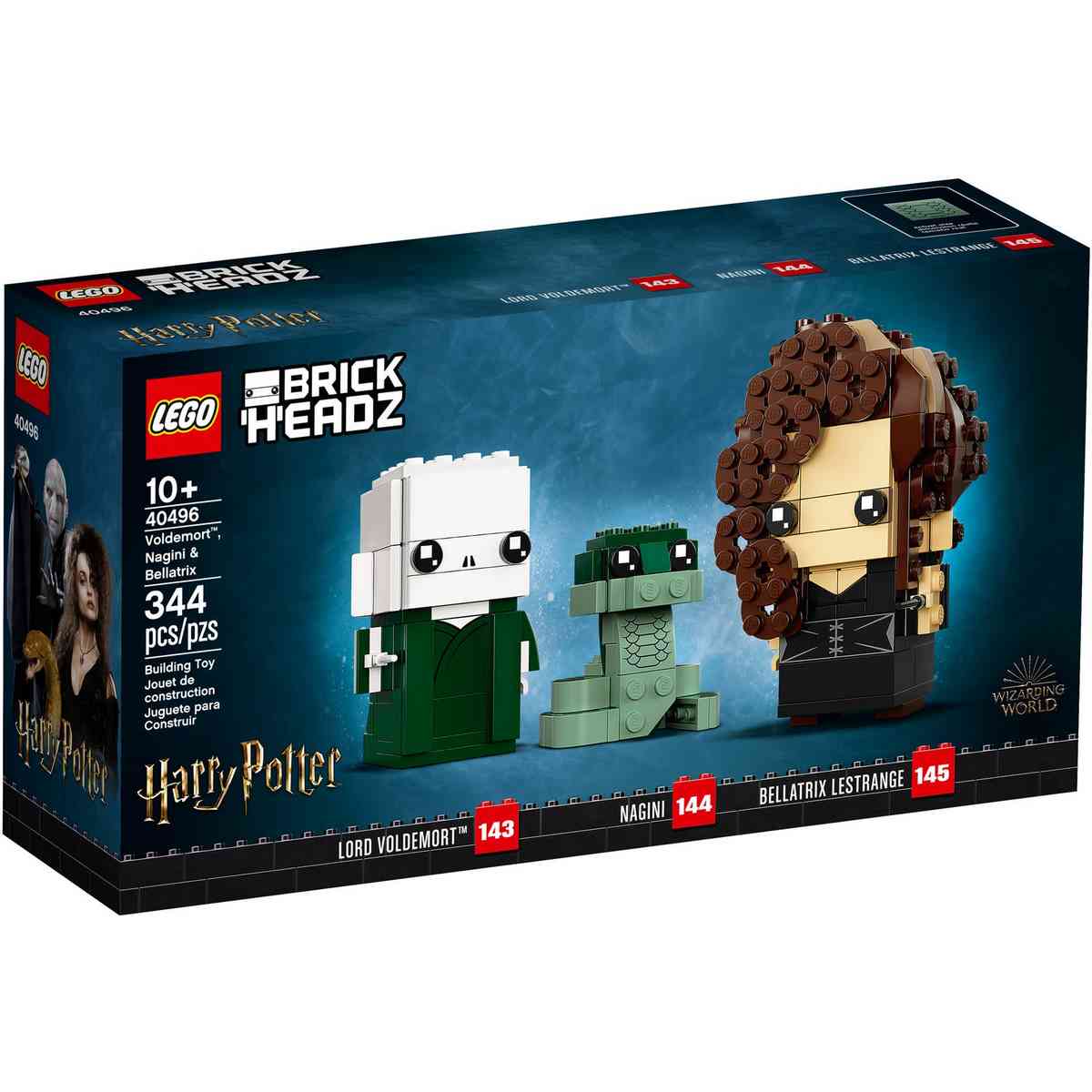 В наборе LEGO® BrickHeadz™ Harry Potter™ Волан-де-Морт, Нагайна и Беллатриса (40496) представлены злодеи из фильмов о Гарри Поттере.