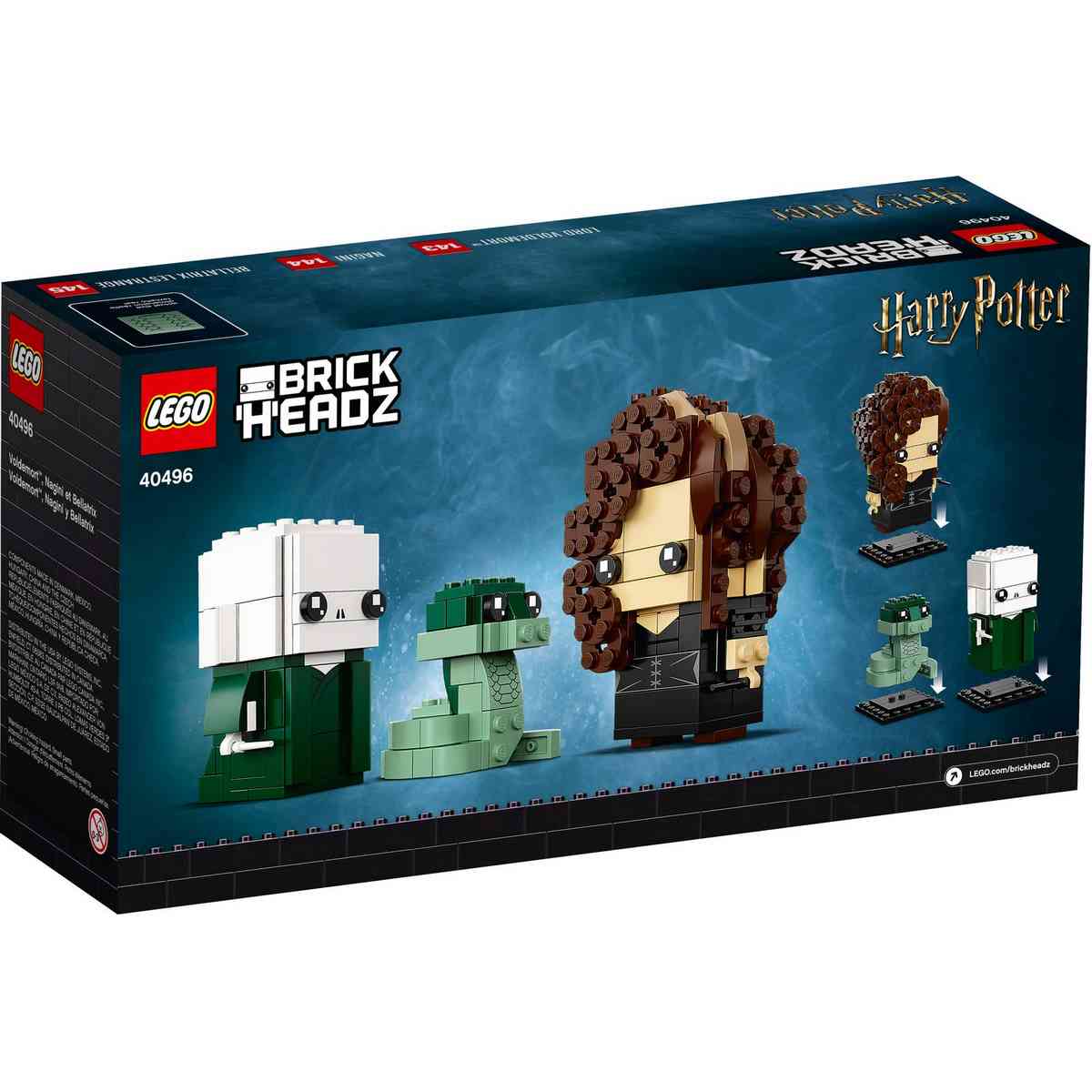 Набор LEGO® BrickHeadz™ Harry Potter™ Voldemort™, Nagini & Bellatrix (40496) состоит из 344 деталей и включает в себя трех персонажей.