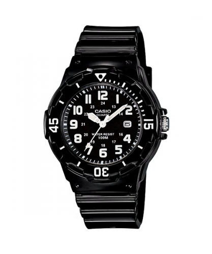 Пластиковые женские аналоговые часы CASIO LRW-200H-1BVEF глянцево-черные с датой, арабские цифры, Neobrite, wr100m.