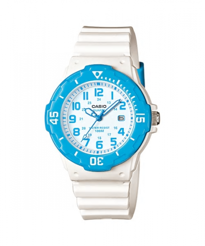 Пластиковые женские аналоговые часы CASIO LRW-200H-2BVEF с датой, глянцевые бело-голубые, арабские цифры, wr100m.