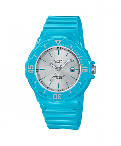 Пластиковые женские аналоговые часы CASIO LRW-200H-2E3VEF глянцево-голубые с датой, светонакопитель Neobrite, wr100m.